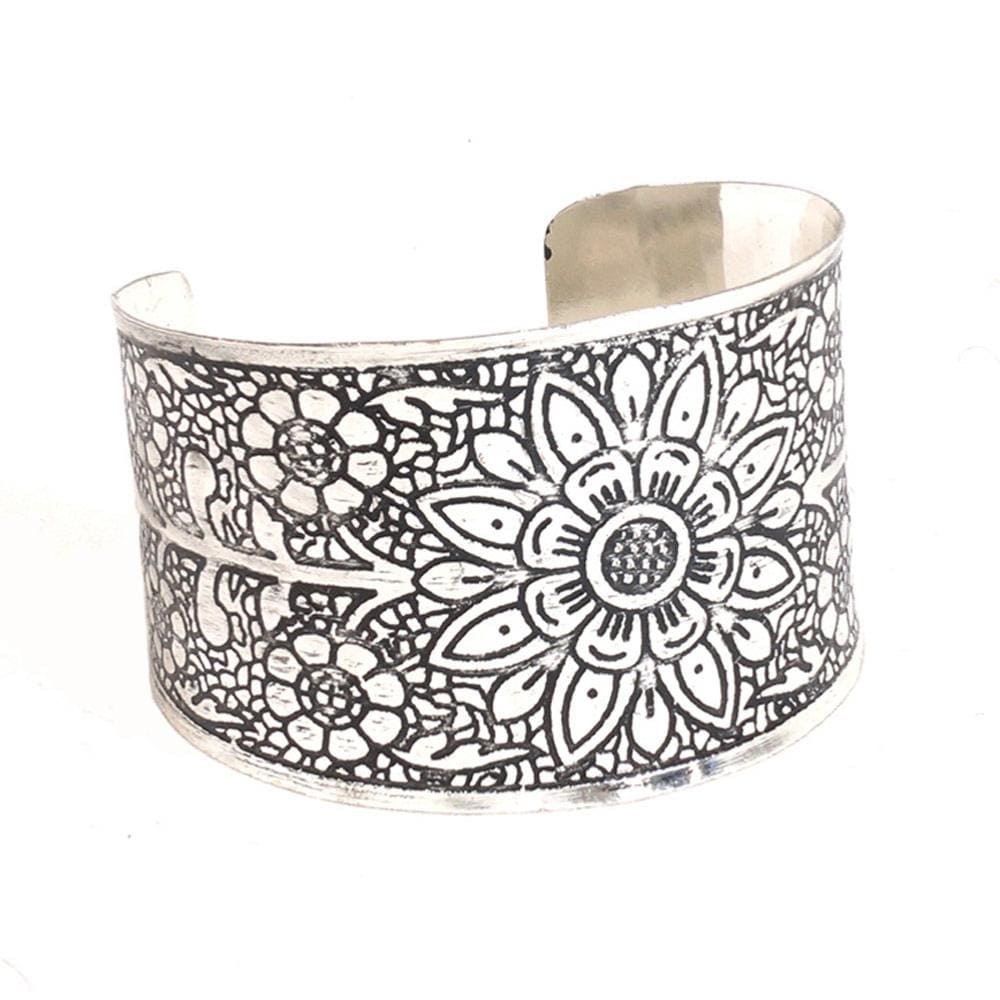 Silver Colour Brass Cuff Bracelet Embossed Floral Design
