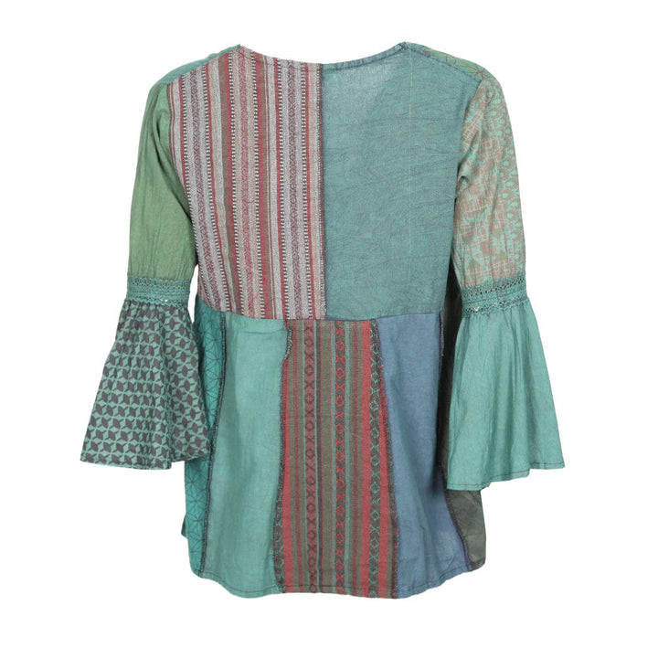 Patchwork Bell Sleeve Blouse