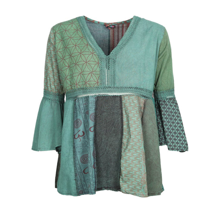 Patchwork Bell Sleeve Blouse