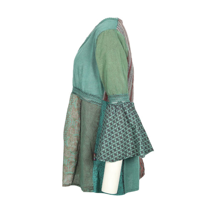 Patchwork Bell Sleeve Blouse