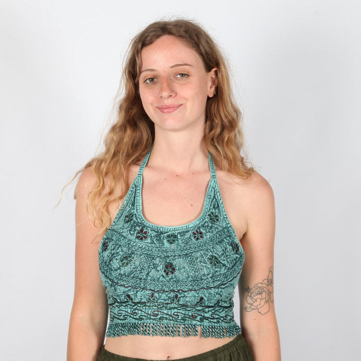 Embroidered Cropped Halter Neck Top