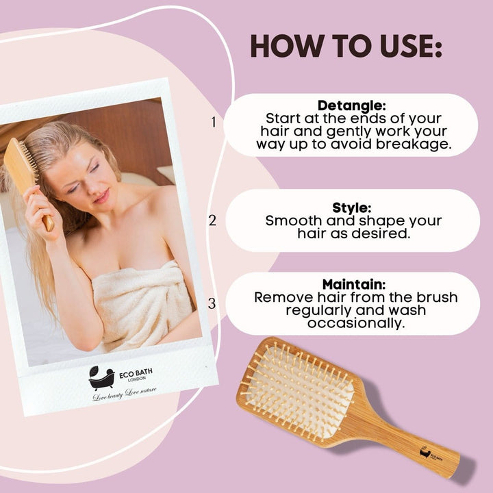 Eco-Friendly Paddle Detangler Bamboo Hairbrush with Wooden Pins - for Long, Thick, and Curly Hair