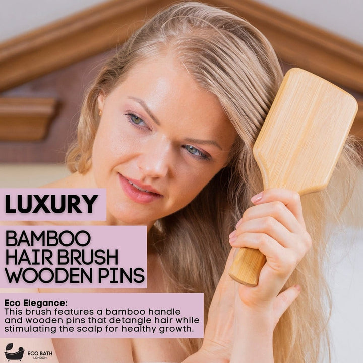 Eco-Friendly Paddle Detangler Bamboo Hairbrush with Wooden Pins - for Long, Thick, and Curly Hair