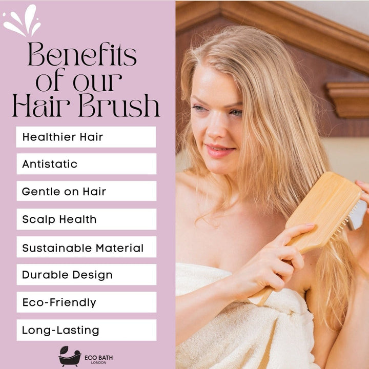 Eco-Friendly Paddle Detangler Bamboo Hairbrush with Wooden Pins - for Long, Thick, and Curly Hair