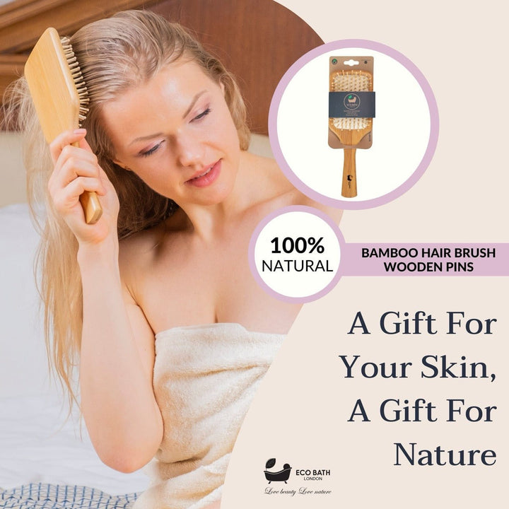 Eco-Friendly Paddle Detangler Bamboo Hairbrush with Wooden Pins - for Long, Thick, and Curly Hair