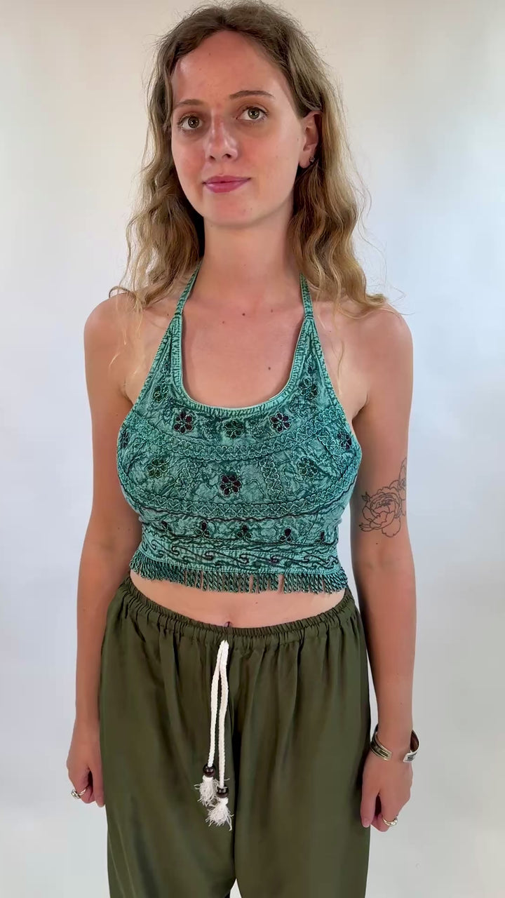 Embroidered Cropped Halter Neck Top