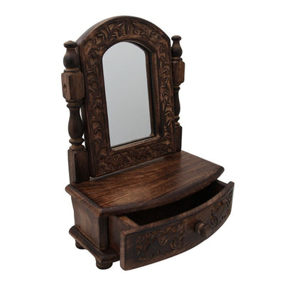 small mango wood vanity mirror with drawer open