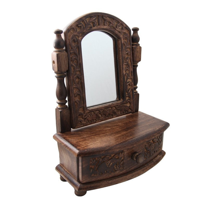 small mango wood vanity mirror with drawer closed