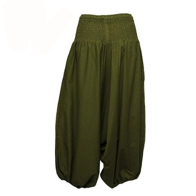 Coline Premium Harem Pants - Drop Crotch, elasticated and drawstring waist, lots of material that gathers around elasticated ankles - Green, back view