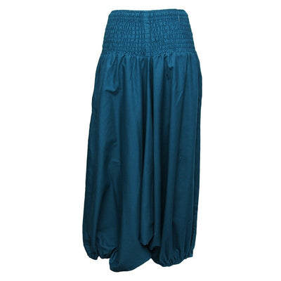 Coline Premium Harem Pants - Drop Crotch, elasticated and drawstring waist, lots of material that gathers around elasticated ankles - Petrol Blue, back view