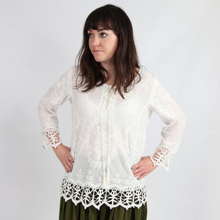 White 3/4 Sleeve Top With Lace Trim