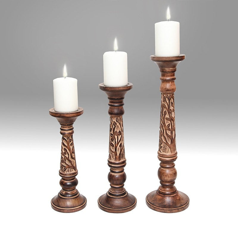 Set of 3 Carved Wooden Candle Stick Holders