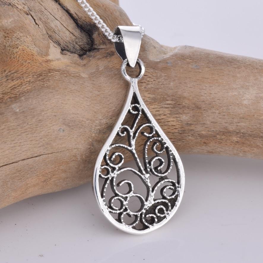 Silver filigree teardrop pendant