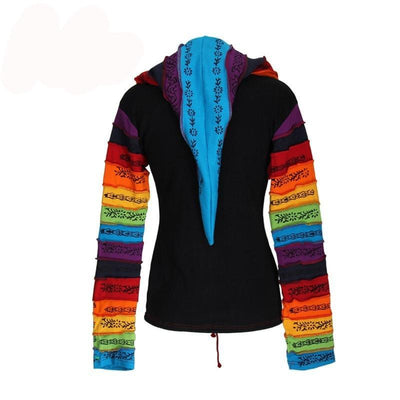 Black Hooded Top - Rainbow Stripes On Pocket And Sleeve, Back