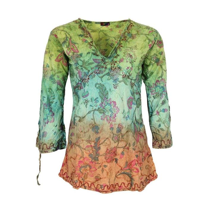 Embroidered V-Neck Dip Dye Top