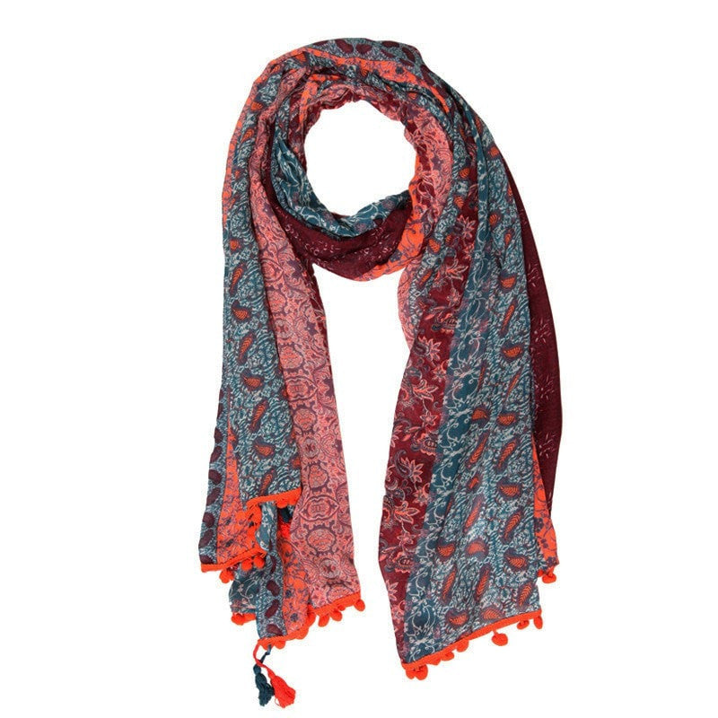 Paisley Pom Pom Fringe Scarf