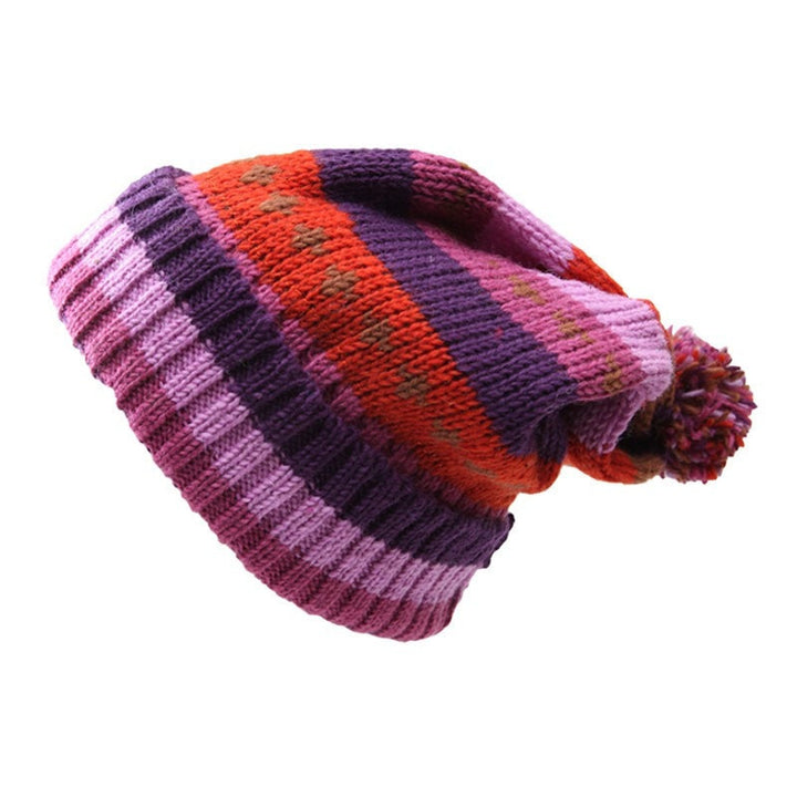 Purple Striped Pom Slouch Beanie