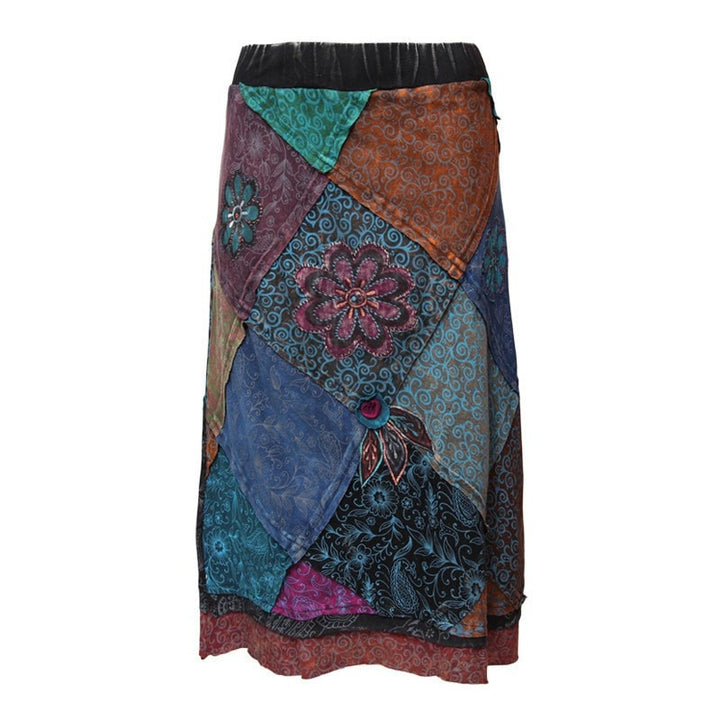 Patchwork & Applique Flower Midi Skirt