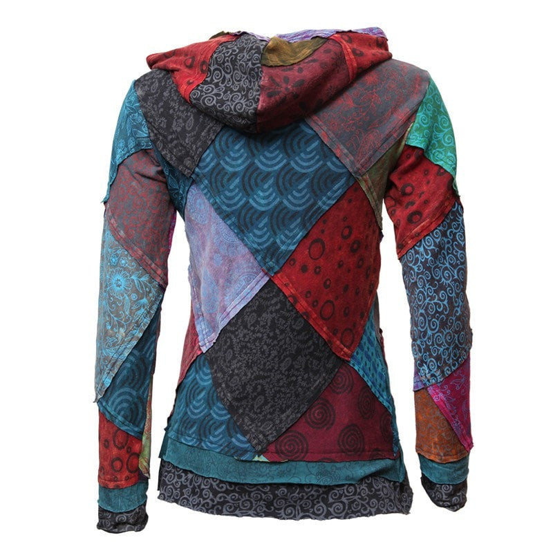Patchwork & Applique Flower Pullover Hoodie