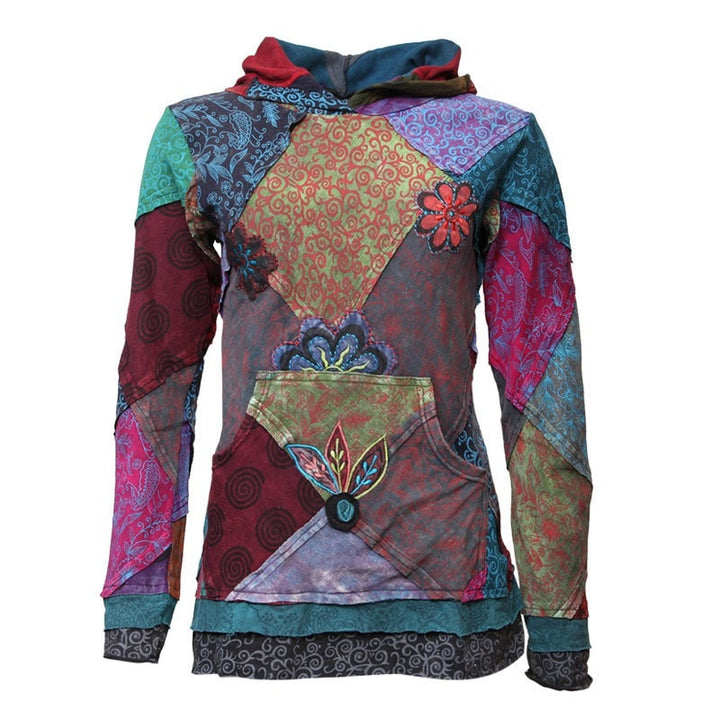 Patchwork & Applique Flower Pullover Hoodie