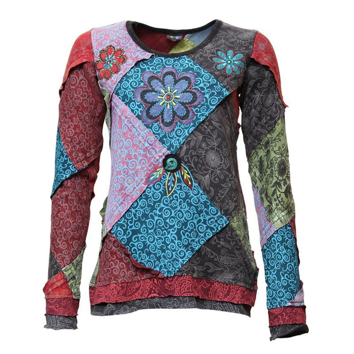 Patchwork & Applique Flower Long Sleeved Top