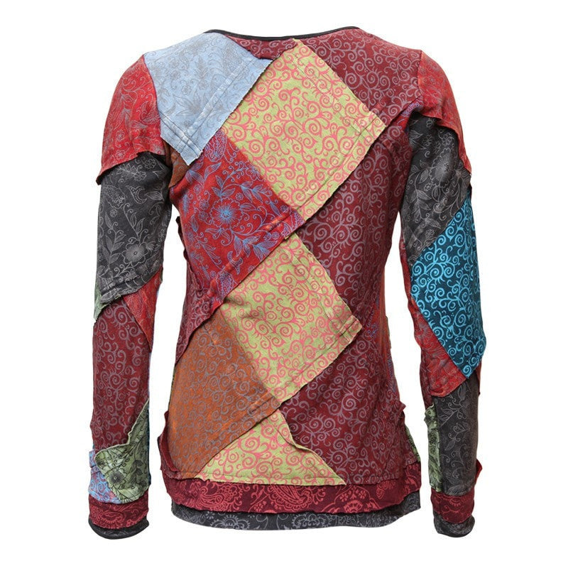 Patchwork & Applique Flower Long Sleeved Top