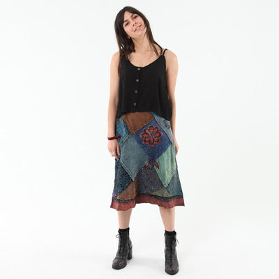 Patchwork & Applique Flower Midi Skirt