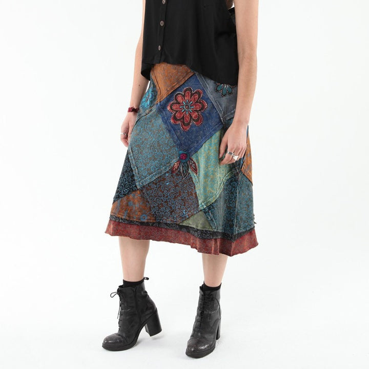 Patchwork & Applique Flower Midi Skirt