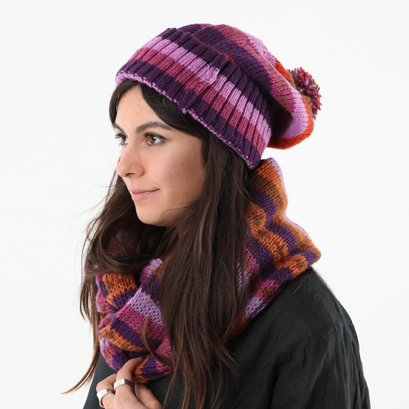 Purple Striped Pom Slouch Beanie