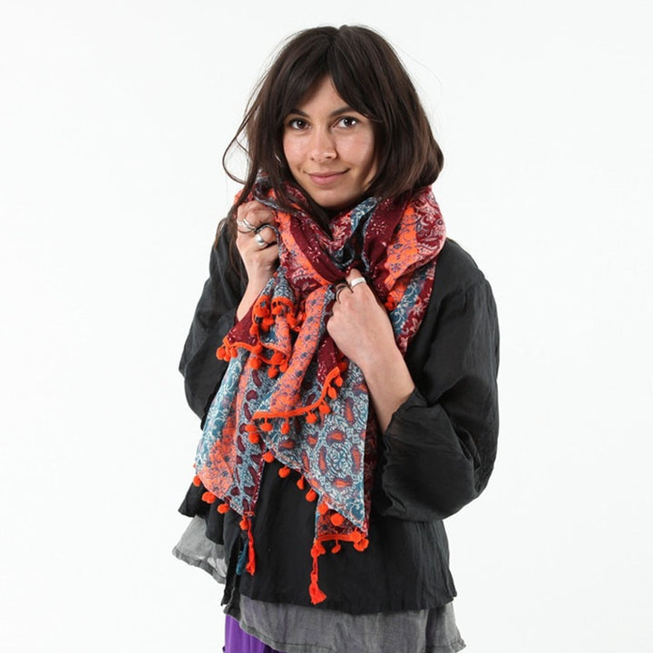 Paisley Pom Pom Fringe Scarf