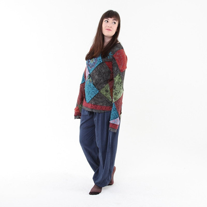 Patchwork & Applique Flower Long Sleeved Top