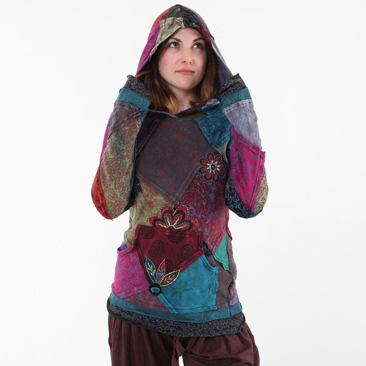 Patchwork & Applique Flower Pullover Hoodie