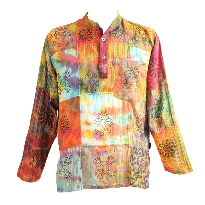 Tie Dyed & Print  Patchwork Collarless Shirt