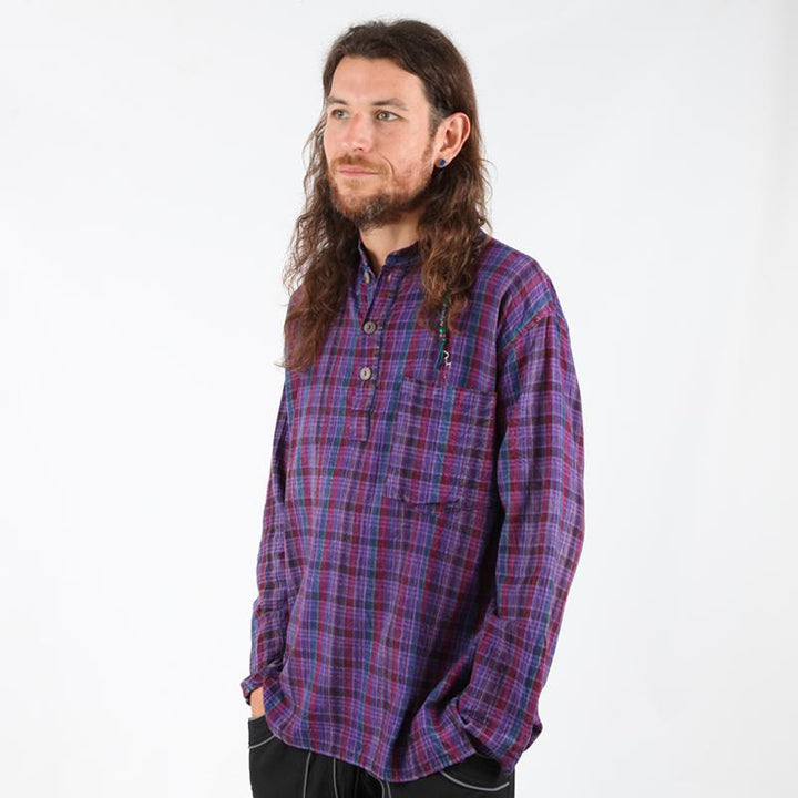 Oversized Madras Check Collarless Shirt