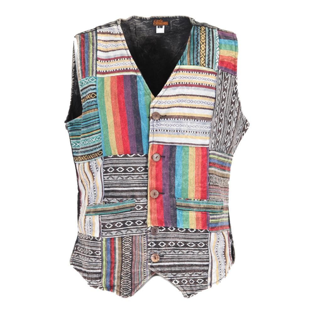 Men's Boho Patchwork Striped Waistcoat - Stonewashed Full Button - GHERI