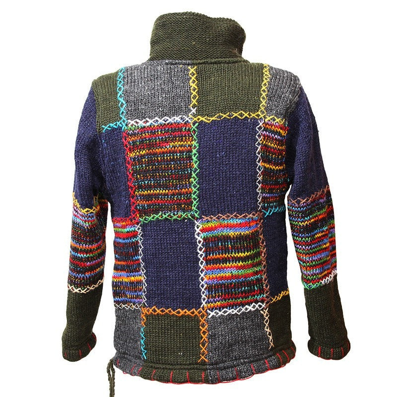 Fleece lined patchwork knitted jumper with collar and two wooden buttons, back view