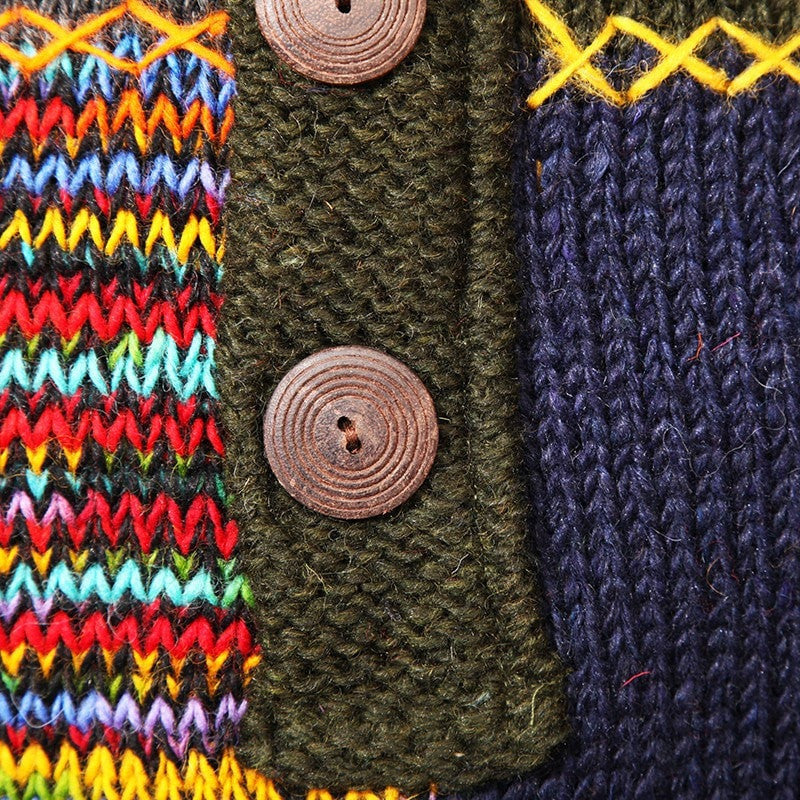 Close up of wooden buttons on patchwork woollen jumper