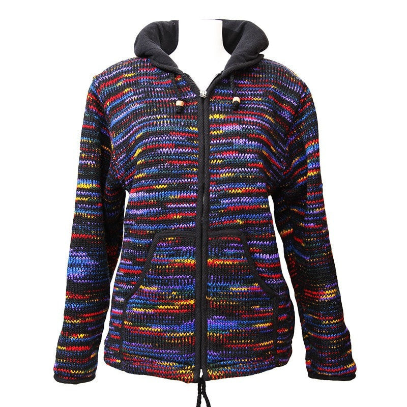Zip up woollen hooded coat with fleece lining, overall colouring is black with rainbow streaks running through.