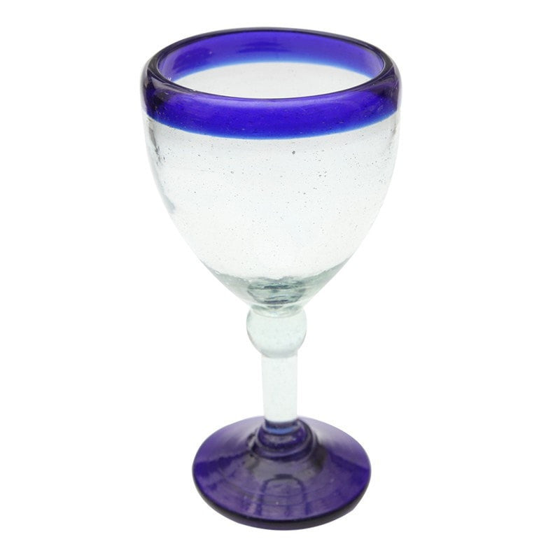 Thick wine glass with blue rim and base 