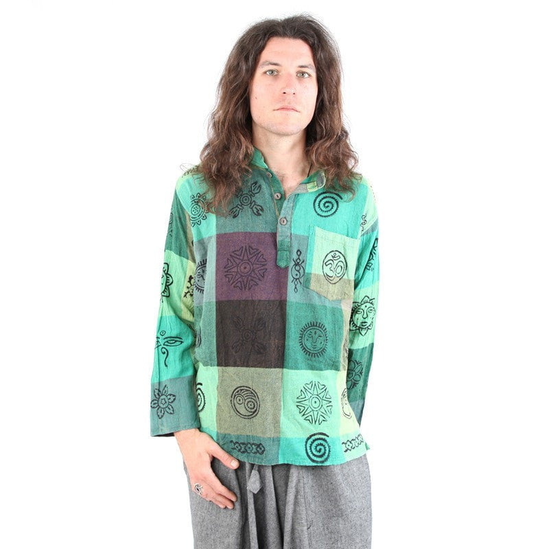 Oversized Green Grandad Check Shirt With Print