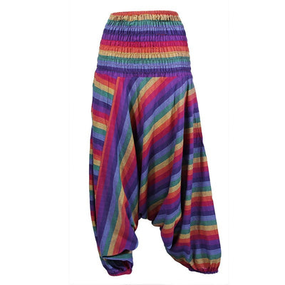 Drop crotch harems with elasticated wait and ankle in purple rainbow stripes