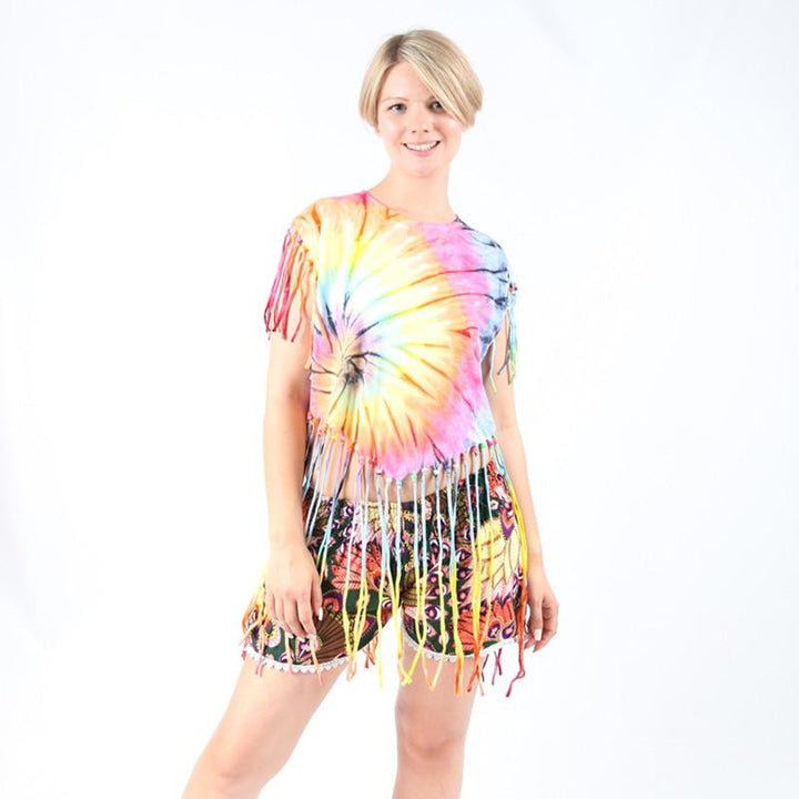 Tie Dye Top With Fringed Hem