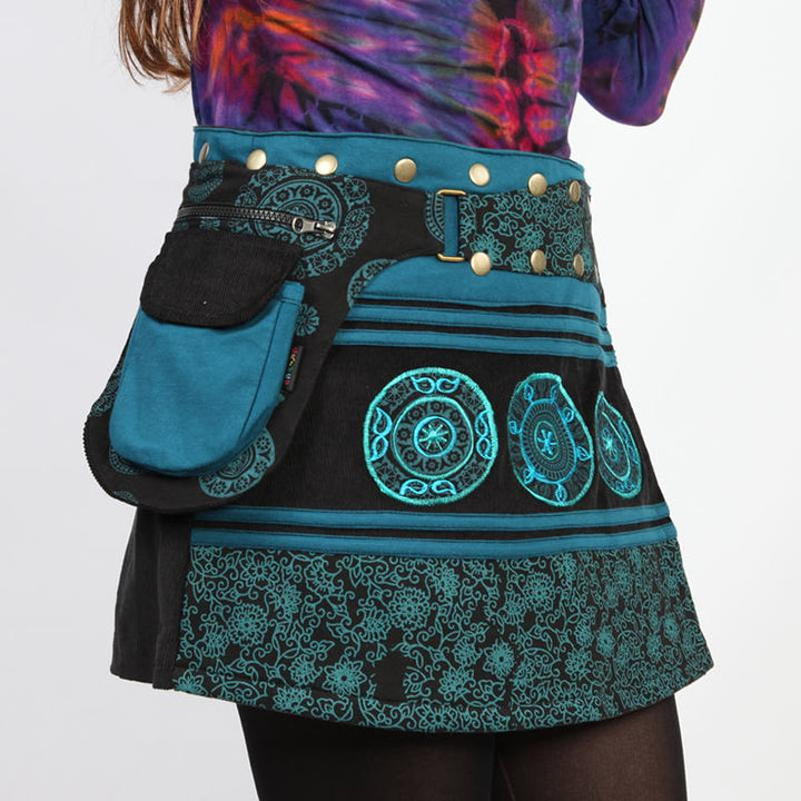 Embroidered Corduroy Mini Popper Skirt
