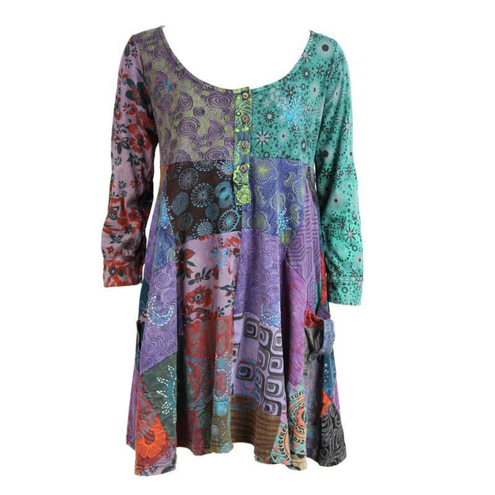 Long Sleeve Patchwork Smock Dress