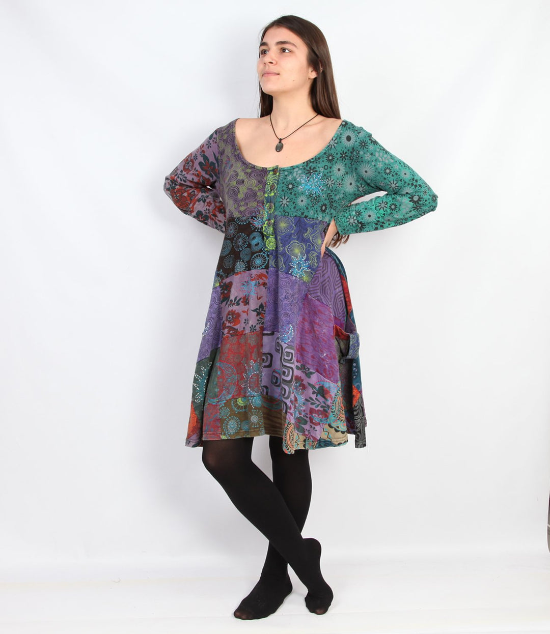 Long Sleeve Patchwork Smock Dress