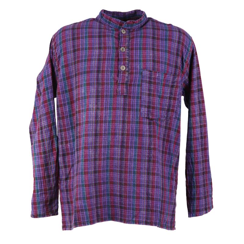 Oversized Madras Check Collarless Shirt