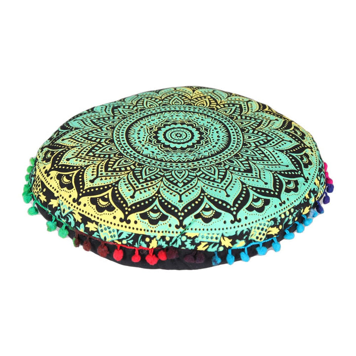 Round mandala pre-filled yoga cushion with pom poms