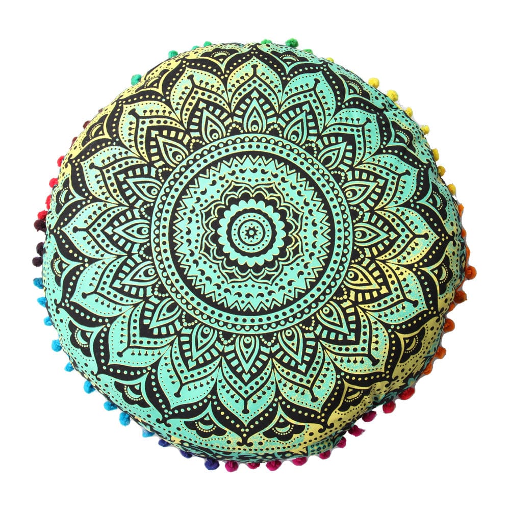 Round mandala pre-filled yoga cushion with pom poms