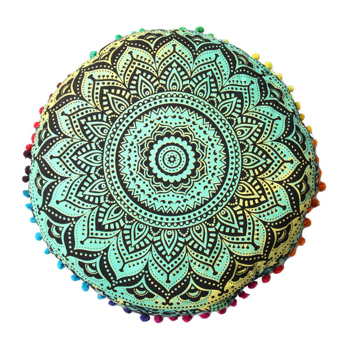 Round mandala pre-filled yoga cushion with pom poms