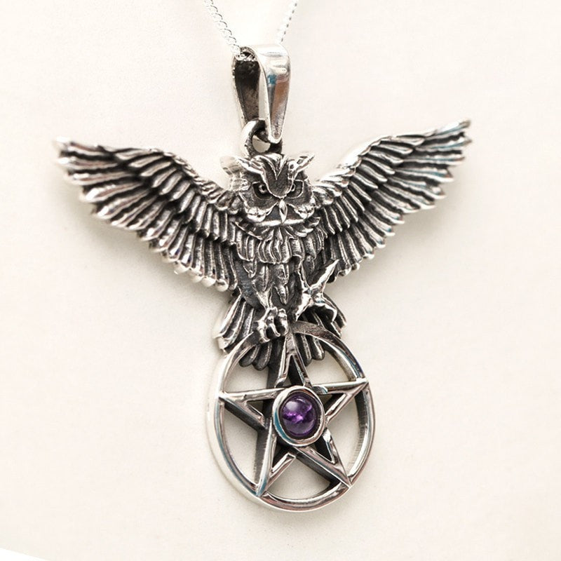 Owl And Pentagram With Amethyst Cabochon Necklace
